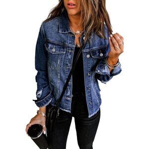 Women's Distressed Jean Jacket Casual Fit Long Sleeve Pockets Oversized
